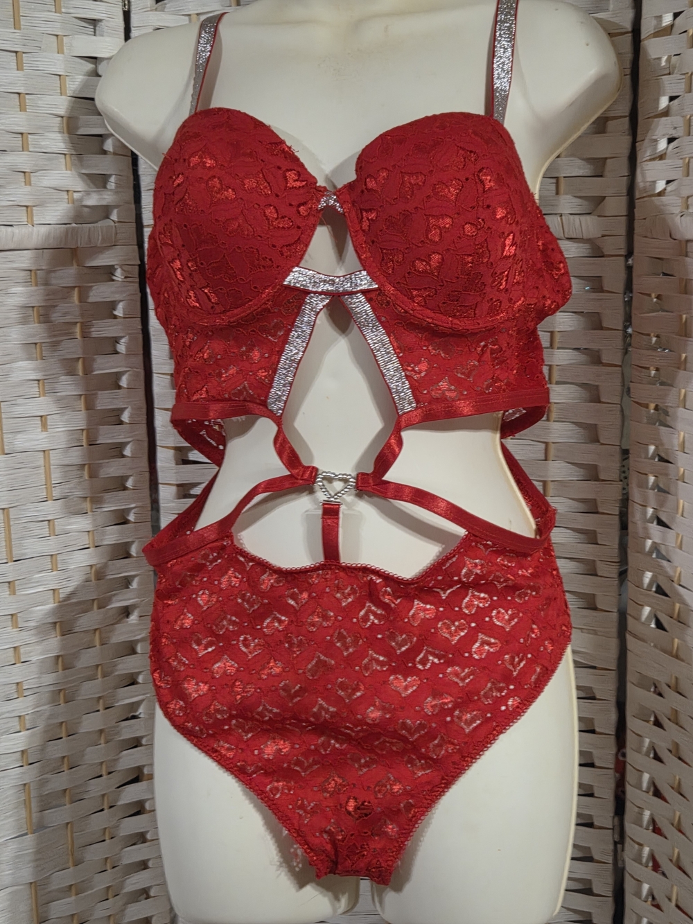 Red Lace Heart Cutout Teddy Bodysuit with Shimmer Trim